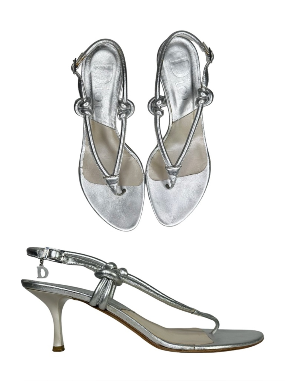 Christian DIOR silver metallic thong sandals heels flip flops sling backs 37.5